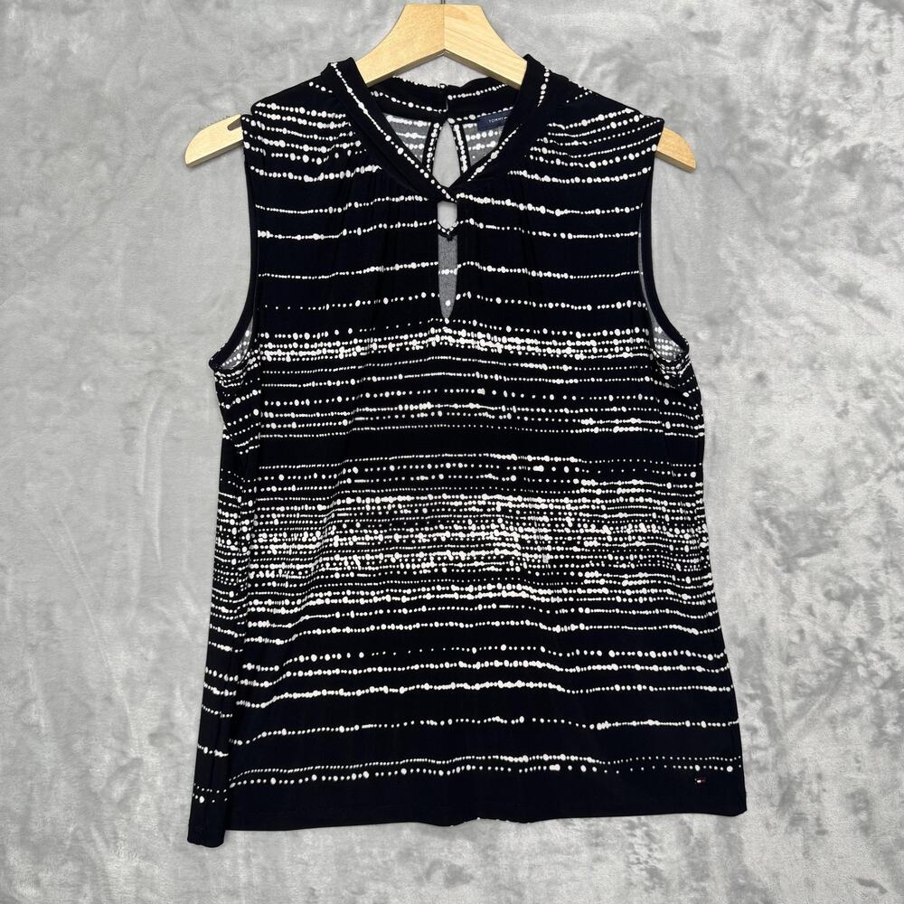 Tommy Hilfiger Sleeveless Blouse Womens Medium Black White Dot Keyhole Top Shirt